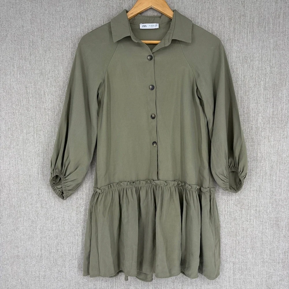 Zara Drop Waist Ruffle Hem Shirt Dress Girls 13-14 Olive Green Long Sleeve